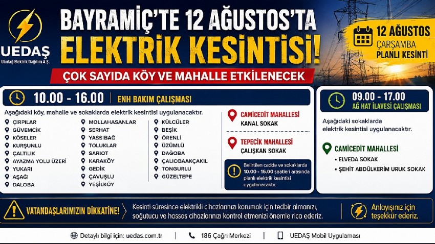 BAYRAMİÇ’TE 12 AĞUSTOS’TA ELEKTRİK KESİNTİSİ! ÇOK SAYIDA KÖY VE MAHALLE ETKİLENECEK